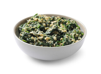 Tasty spinach dip with egg in bowl isolated on white