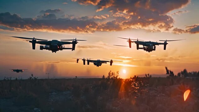 Multiple small airplanes in flight over a grassy field during training sessions, A compilation of drone footage capturing training exercises at a military base