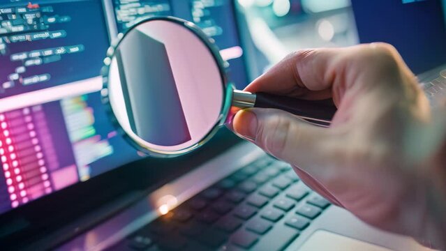 A person examining a laptop screen with a magnifying glass for computer forensics purposes, A computer forensics examiner recovering deleted data from a compromised system