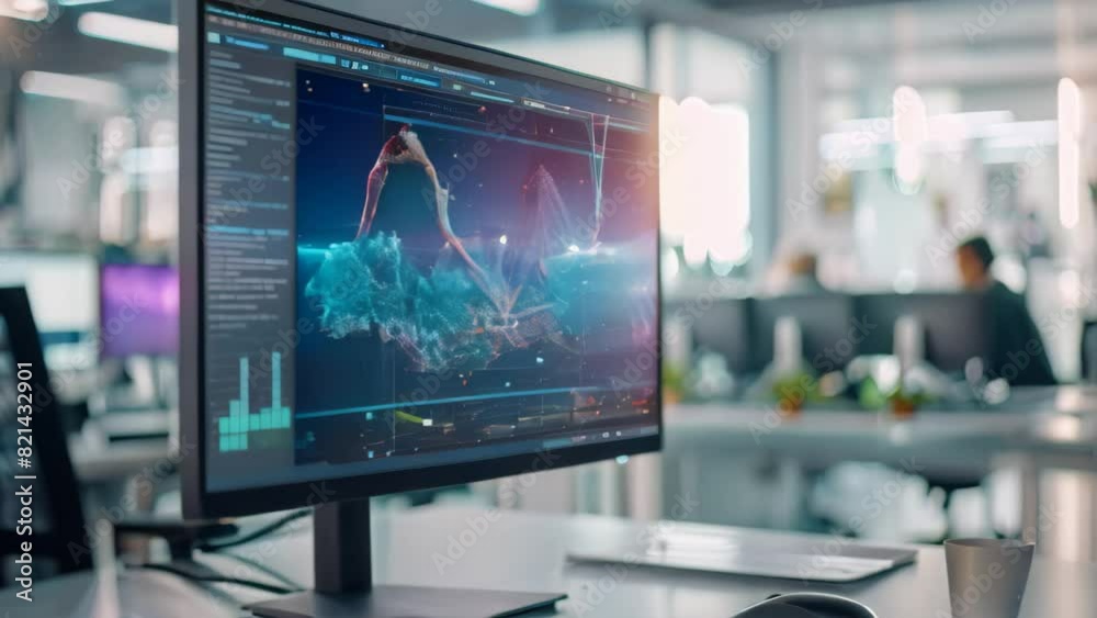 Poster a computer monitor displaying a 3d visualization resting on top of a desk, a computer screen showing