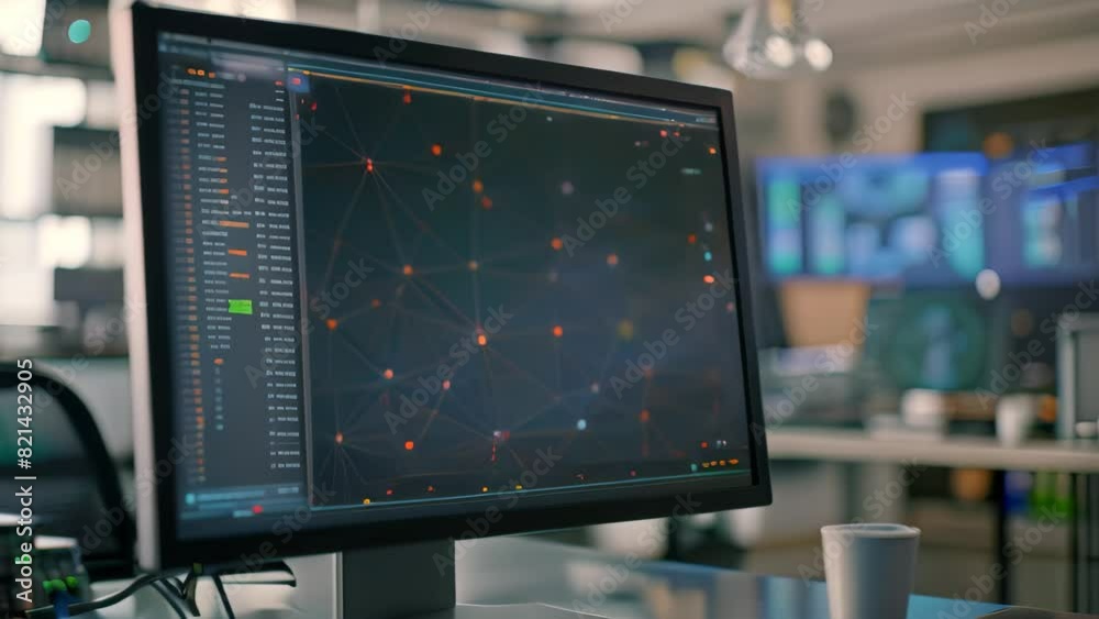 Poster a computer monitor displaying a 3d visualization sitting on top of a desk, a computer screen showing