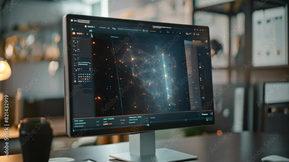 Poster A computer monitor displaying a 3D visualization, placed on top of a desk, A computer screen showing a 3D visualization of complex data structures in an office environment