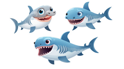 Naklejka premium set of 3 cartoon aquarium or sea fish and baby shark animal toys characters isolated on a transparent background 