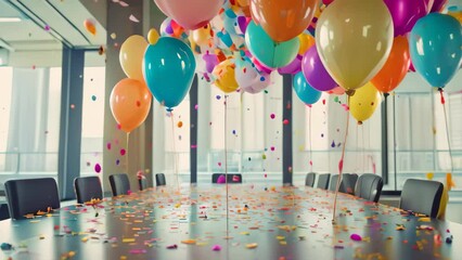 A conference room decorated with numerous colorful balloons and confetti scattered across the floor, A conference room filled with balloons and confetti, with a banner reading Congratulations!