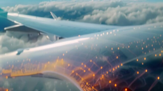 An airplane flying through the air, illuminated with numerous bright lights, showcasing the stress points, A computer simulation showing the stress points on an airplane tail fin