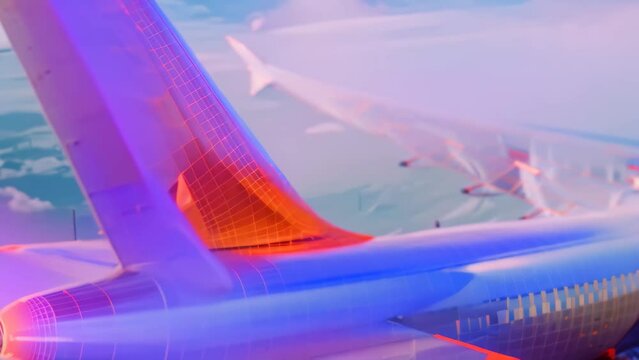 Computer generated video of an airplane soaring through the sky, displaying stress points on its body, A computer simulation showing the stress points on an airplane tail fin