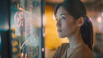 A confident Asian woman developer is focused on examining a board with numbers, brainstorming ideas, A confident Asian woman developer brainstorming ideas for a new app - Powered by Adobe