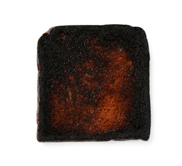 One burnt piece of toast bread isolated on white, top view