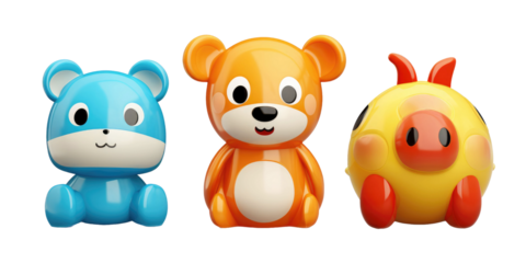 set of 3 colorful classic toddler or baby toys isolated on a white transparent background