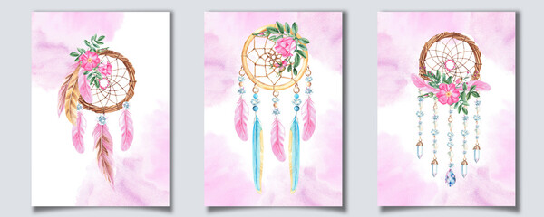 Set of Dream Catcher Cards or Poster Templates with with beads, crystals, rose hip flowers and pink, blue and beige feathers. Watercolor splashes. Hand drawn illustrations. Bohemian decoration, chic