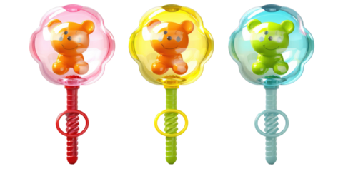 set of 3 colorful classic toddler or baby toys isolated on a white transparent background