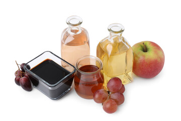 Different types of vinegar and ingredients isolated on white