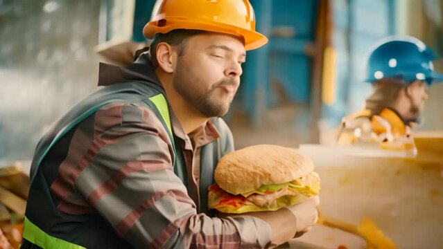 A man wearing a hard hat pauses work to eat a sandwich, A construction worker taking a break to refuel with a sandwich