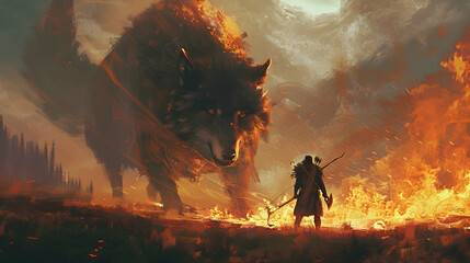 hunter with a bow facing a giant wolf in the fire meadow., digital art style, illustration painting