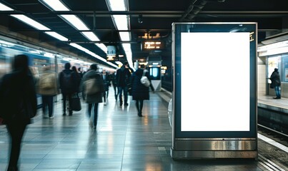 Mockup display in railway station. Empty business billboard in metro. Marketing mock up banner in subway. Template poster in city street. Blank board on underground platform