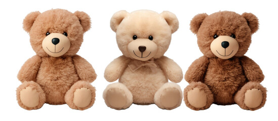 set of 3 stuffed animal toys isolated on a white transparent background