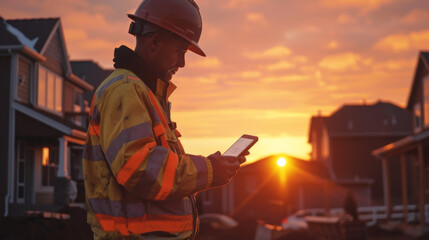 A construction worker in a reflective jacket using a tablet during sunset on a residential street, blending technology with labor.