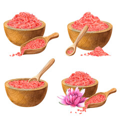Set of wooden bowls, scoops, spoons with pink Himalayan salt and water lily flower. Hand drawn watercolor illustration of traditional aromatherapy items on isolated background. To design a salon menu.