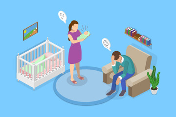 3D Isometric Flat Vector Illustration of Depressed Parents, Postnatal Anxiety