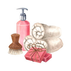 Rolled up terry towels, wooden soft body brush, pink plastic cosmetic bottles for shampoo, natural soap bars. Hand drawn watercolor illustration on isolated background. For wellness resort, brochure.