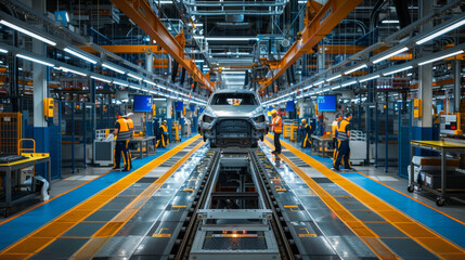 Modern automobile assembly line with workers and machinery, showcasing advanced manufacturing processes in a factory setting.