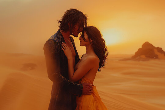 A couple embracing in the middle of a desert at dusk, with sand dunes stretching out into the distance and the sky painted in warm, dusky colors.