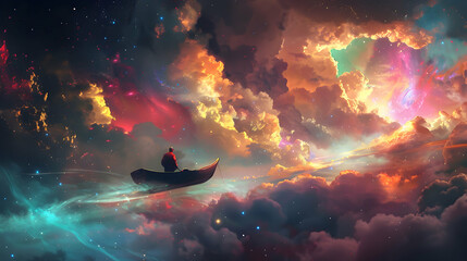 man on a boat in the outer space with colorful cloud,illustration - Powered by Adobe