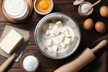 Making shortcrust pastry. Rolling pin, knife and different ingredients for dough on wooden table,...