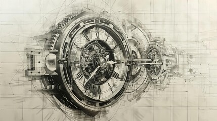 Naklejka premium A detailed drawing of a mechanical clock with exposed gears and pendulum