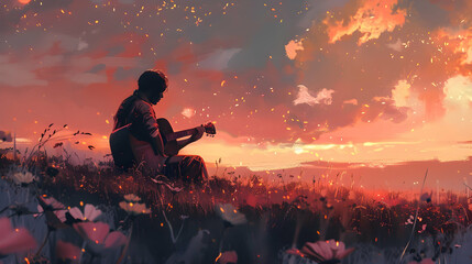 man playing guitar alone in the meadow, digital art style, illustration painting