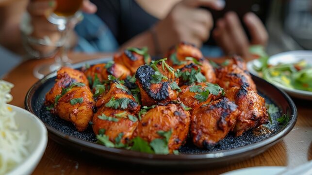 A food blogger photographing a dish of tandoori chicken at a restaurant