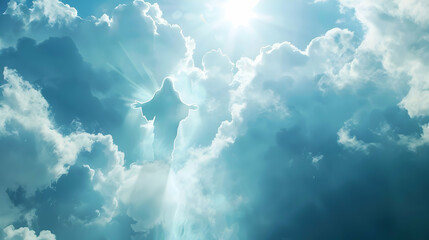 Jesus Christ in blue sky with clouds, bright light from heaven. Jesus rose from dead and ascended into heaven