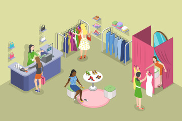 3D Isometric Flat Vector Illustration of Clothing Store, Showroom Interior