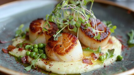 Beautiful gourmet dishes artfully plated. Perfect for culinary themes, showcasing fine dining, and gourmet cuisine.