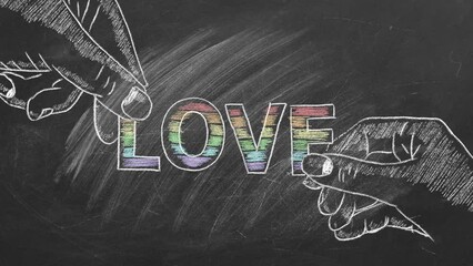 Two hands drawn in chalk hold the word LOVE, filled with the vibrant colors of the LGBT pride flag