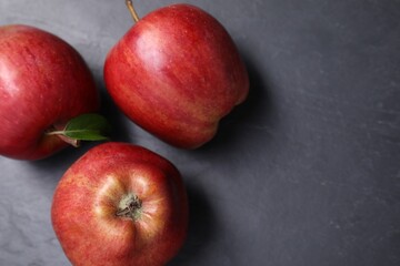 Ripe red apples on black textured table, flat lay. Space for text