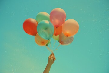 Hand holding multi colored balloons done with a retro vintage instagram filter effect