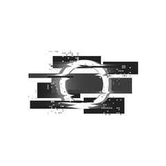 Circle with grey glitch and digital noise effects, dynamic round with geometric shapes and pixels, vector destroyed ring