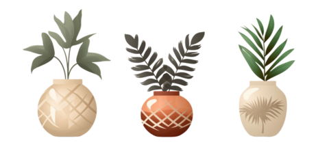 Set of different styles of retro vantage and modern vase and interior plants pots furniture isolated on a white transparent background
