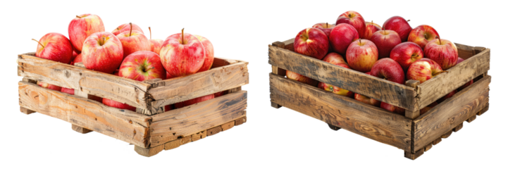 red apples in wooden box, isolated on white or transparent png