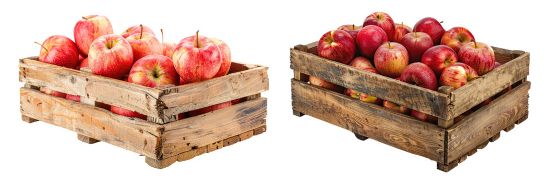 red apples in wooden box, isolated on white or transparent png
