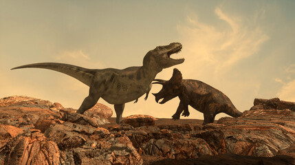 the battle of the dinosaurs Tyrannosaurus vs Triceratops render 3D