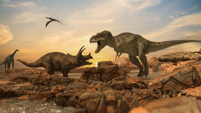 the battle of the dinosaurs Tyrannosaurus vs Triceratops render 3D