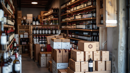 wine cellar deposit with cardboard boxes for delivery, alcohol shop, sommelier
