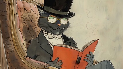 Black Cat in a top hat reading a book in a vintage illustration