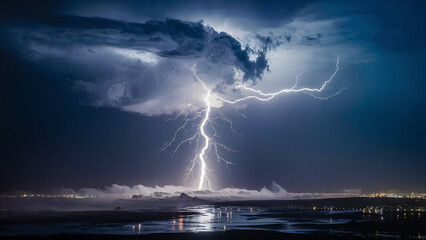 Obraz premium A captivating photograph of a thunderous storm, with a massive lightning bolt splitting the dark sky.