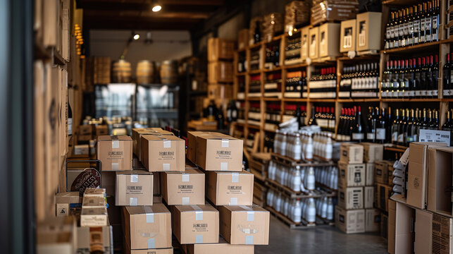 wine cellar deposit with cardboard boxes for delivery, alcohol shop, sommelier