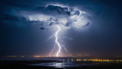Obraz premium A captivating photograph of a thunderous storm, with a massive lightning bolt splitting the dark sky.