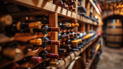 close-up of bottles of wine at a wine cellar
