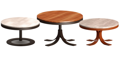 Set of different styles of retro vantage wood and modern steel marble coffee tables furniture isolated on a white transparent background